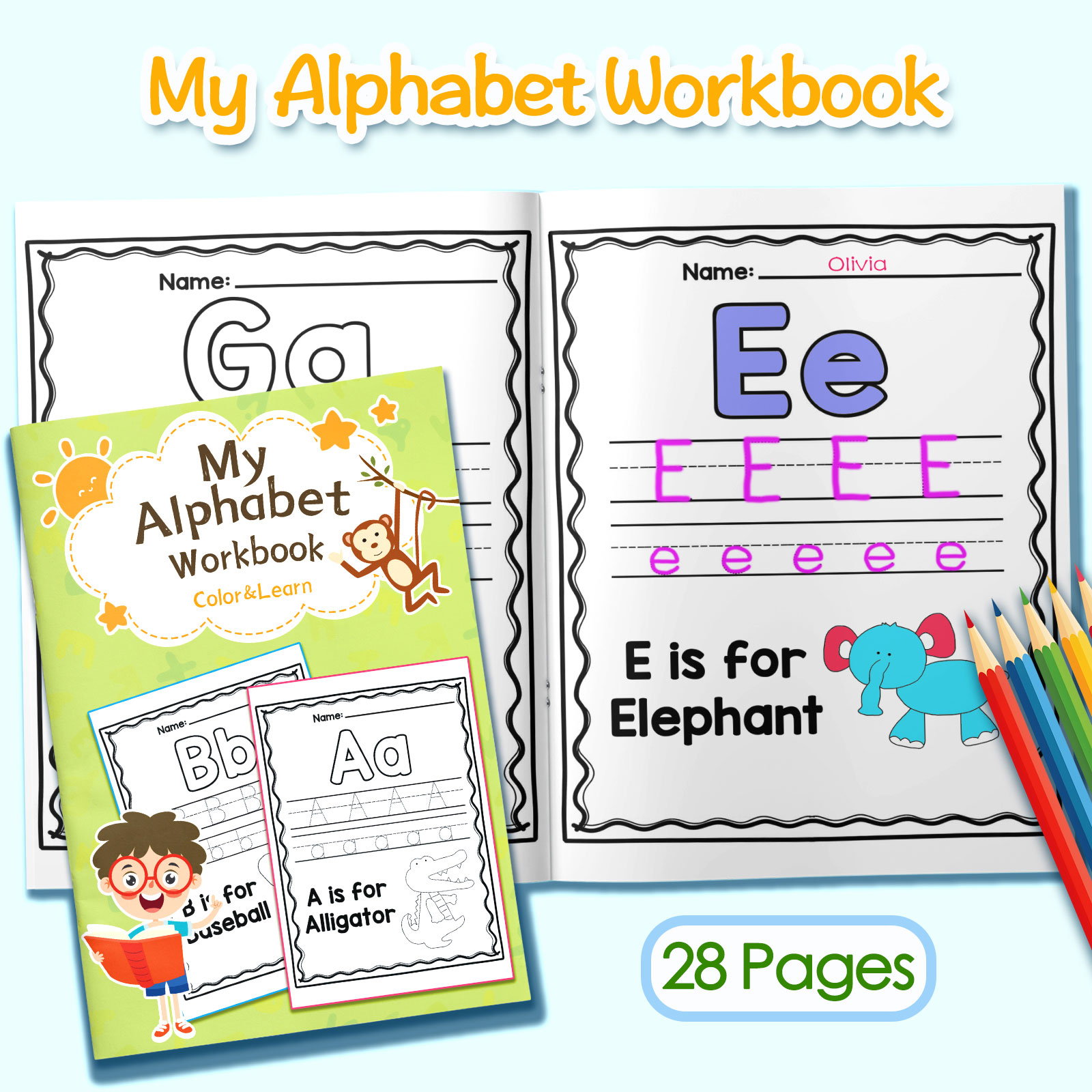Kids Education Activities - 子供向けアルファベットの単語と文章の塗り絵ワークブック。かわいい漫画のイラストが使われており、幼稚園や小学校低学年向けの早期教育教材として最適。楽しく英語を学べる。