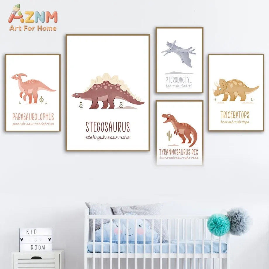 AZNM かわいい水彩恐竜キャンバスウォールアートプリント、 - Kids Education Name のレビューと価格