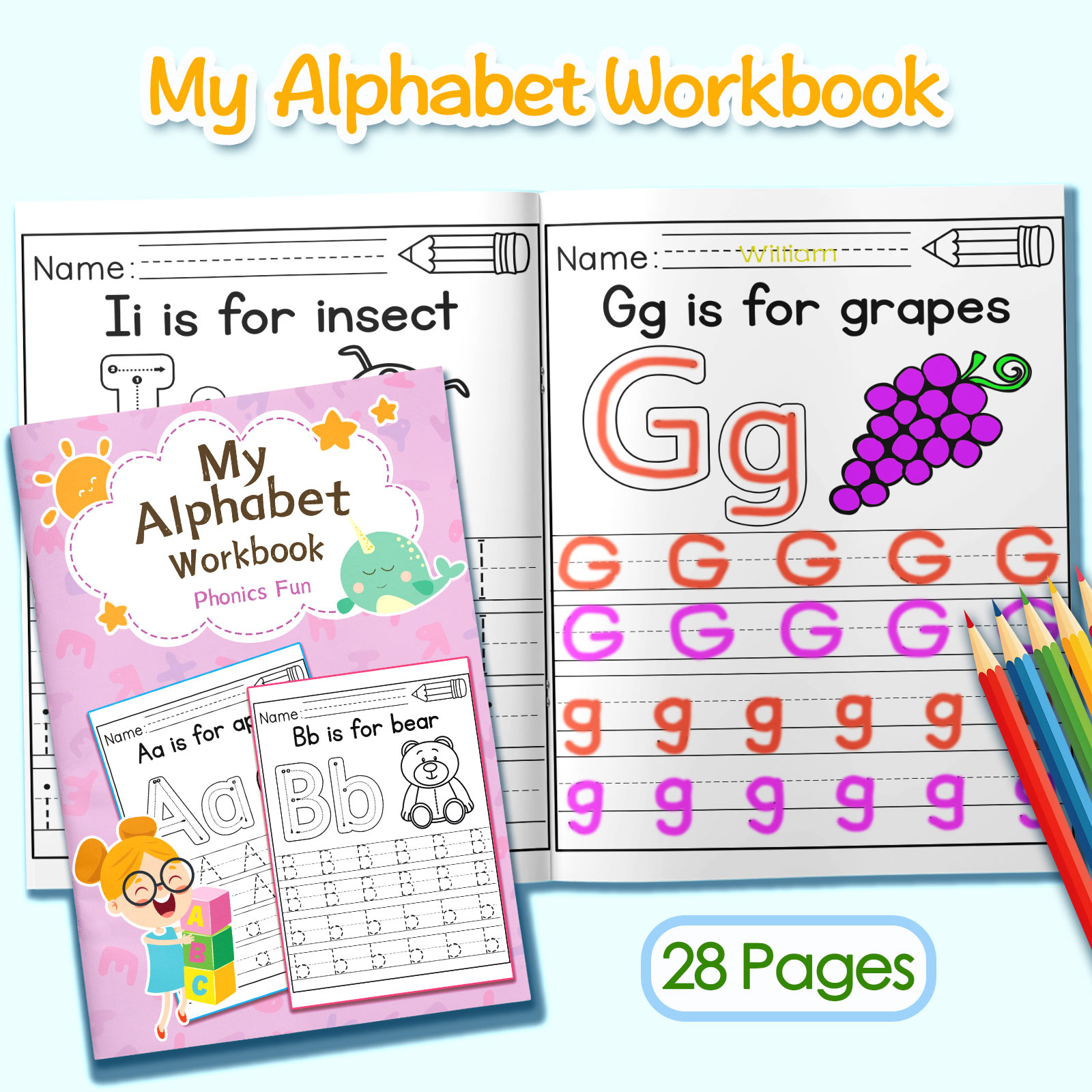 子供向けアルファベットの単語と文章の塗り絵ワークブック。かわ - Kids Education Activities のレビューと価格